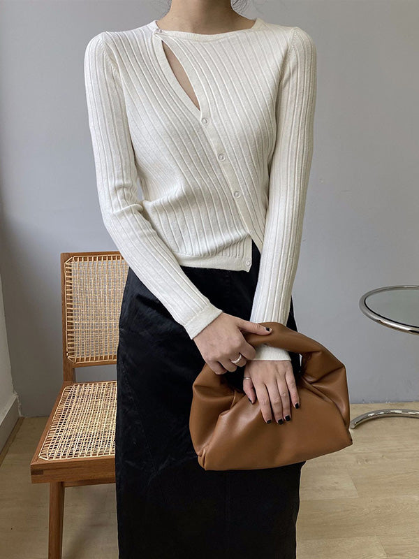 Asymmetric Solid Color Round-Neck Sweater Top