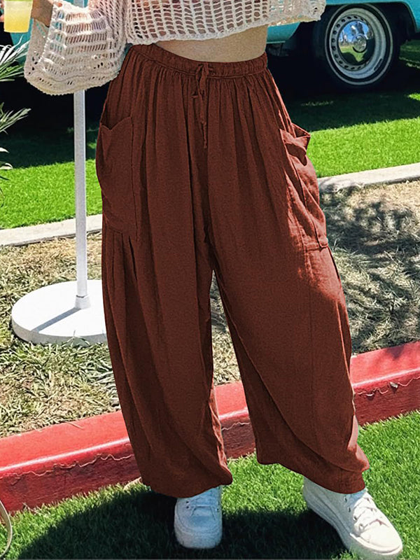 Drawstring Elasticity Pleated Pockets Solid Color High Waisted Loose Trousers Ninth Pants