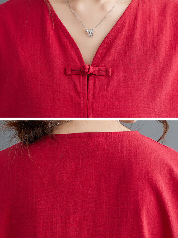 Chinese Frog Buttons Pockets Solid Color Split-Side A-Line Loose V-Neck Midi Dresses