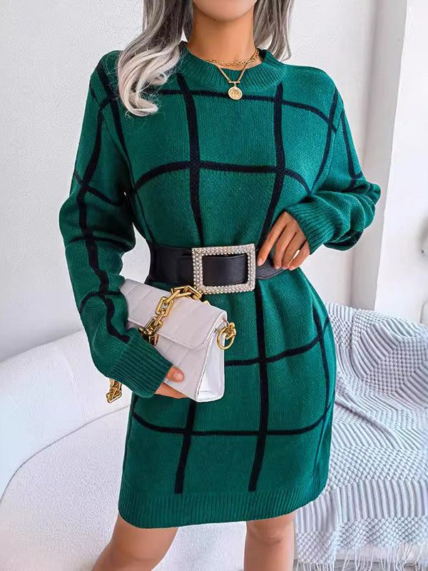 Belted Contrast Color Plaid Elasticated Waist Long Sleeves Round-Neck Sweater Dresses Mini Dresses