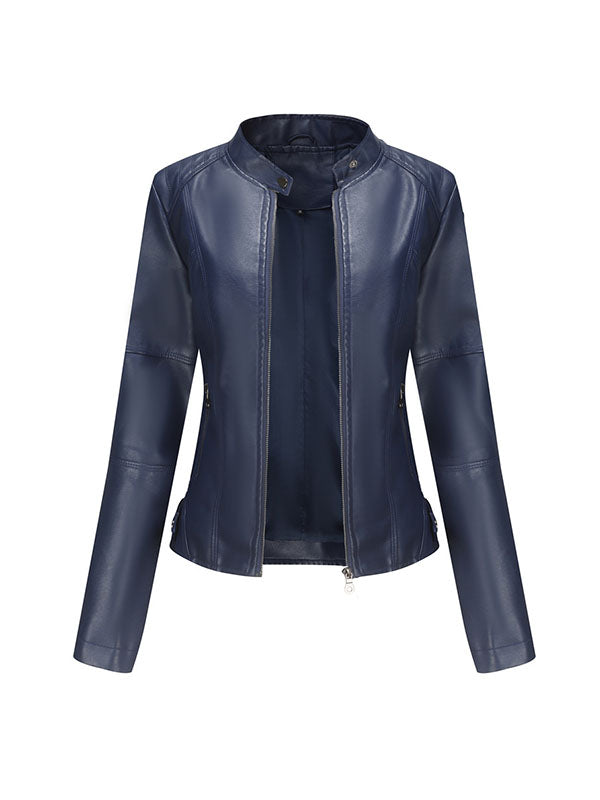 Buttoned Pockets Zipper Long Sleeves Plus Size Stand Collar Outerwear Jackets