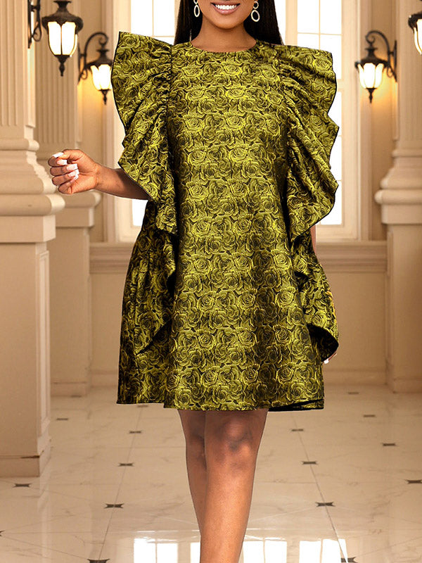 Flower Print Ruffled Zipper High Waisted Loose Round-Neck Mini Dresses