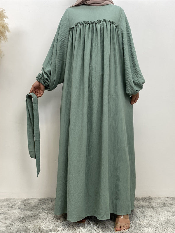 Elasticity Muslim Pleated Solid Color Split-Joint Tied Waist Bishop Sleeve Long Sleeves Round-Neck Maxi Dresses