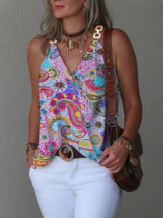 Printed Split-Joint Sleeveless V-Neck Vest Top