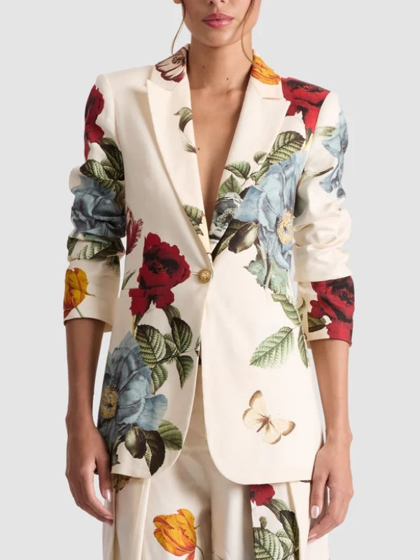 Buttoned Flower Print Pockets Long Sleeves Loose Notched Collar Outerwear Blazer