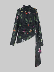 Asymmetric Flower Print Split-Joint Long Sleeves Loose Lapel Blouses&shirts Tops