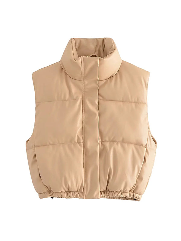 Drawstring Elasticity Solid Color Split-Joint Zipper Skinny Sleeveless Stand Collar Padded Vest