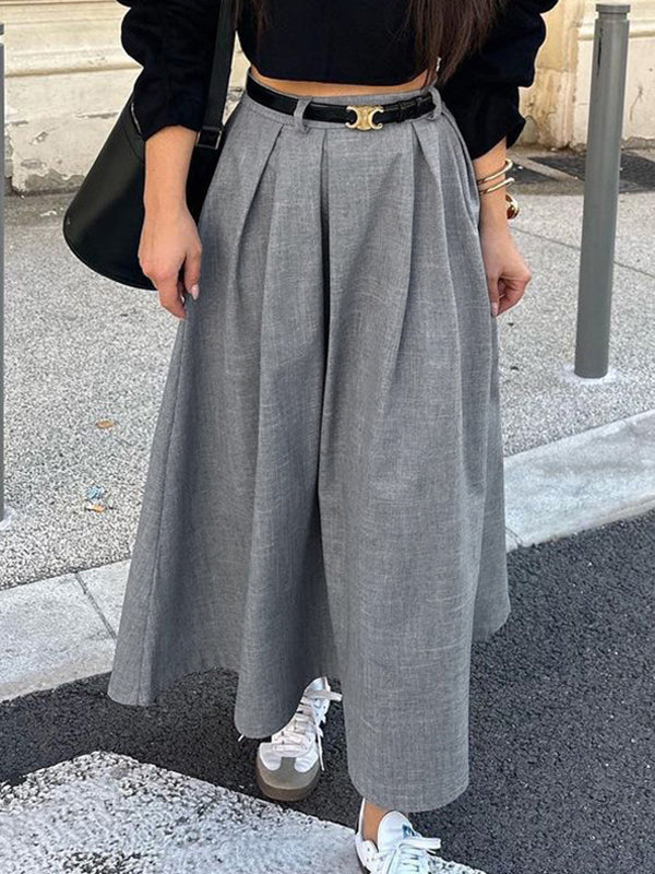 No Belt Pleated Solid Color A-Line High Waisted Skirts Bottoms