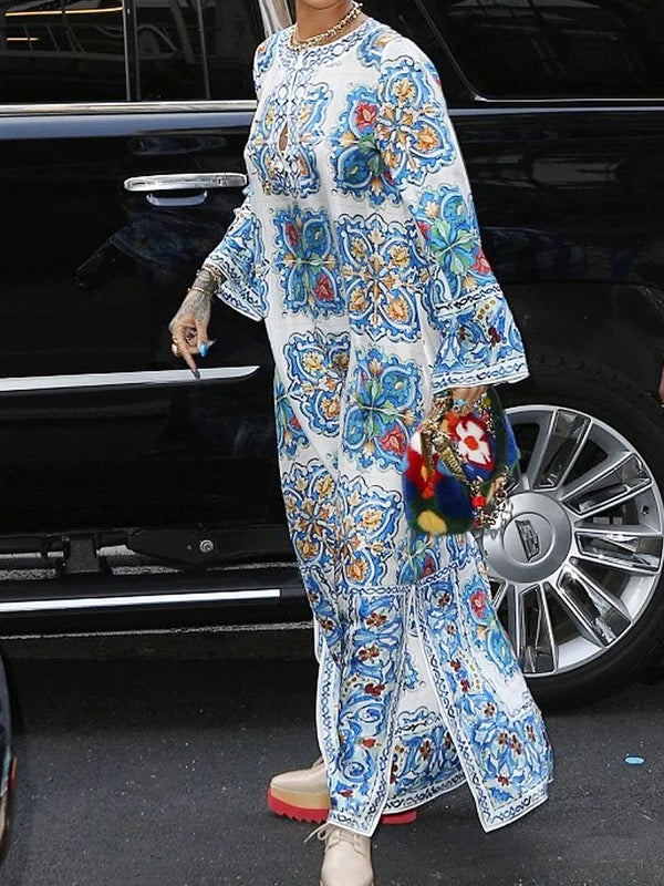 Hollow Printed Split-Side Long Sleeves Loose Round-Neck Maxi Dresses