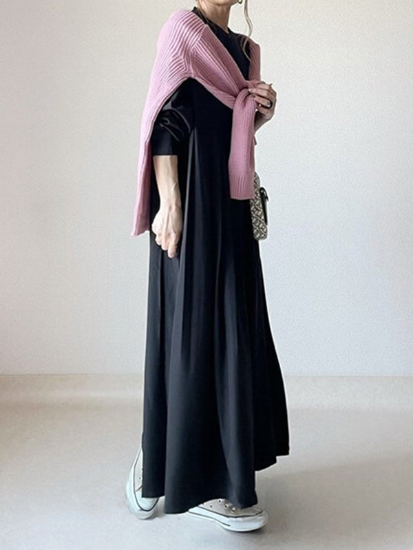 Pleated Solid Color Split-Joint Long Sleeves Loose Round-Neck Shirt Dress Maxi Dresses
