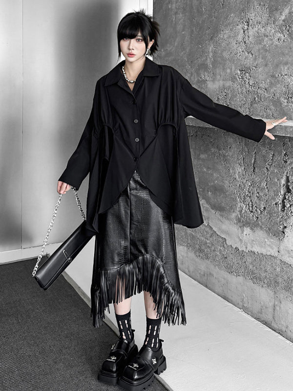 Buttoned Pleated Solid Color Split-Joint High-Low Irregularity Shirt Collar Blouses&Shirts Tops