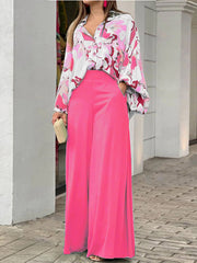 Original Contrast Color Blouse&Solid Wide Legs Pants 2 Pieces Set