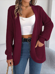 Pockets Solid Color Split-Joint Long Sleeves Loose Collarless Cardigan Tops