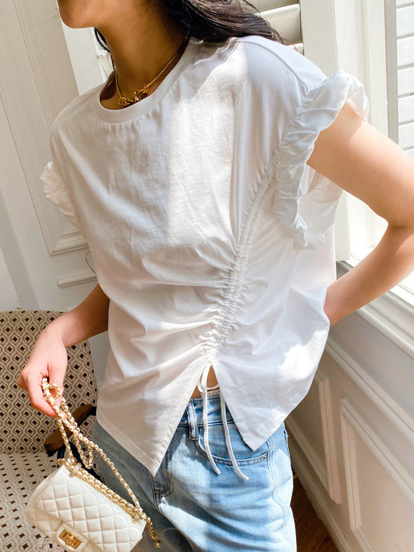 Asymmetric Drawstring Pleated Ruffle Trim Solid Color Split-Front Loose Short Sleeves Round-Neck T-Shirts Tops