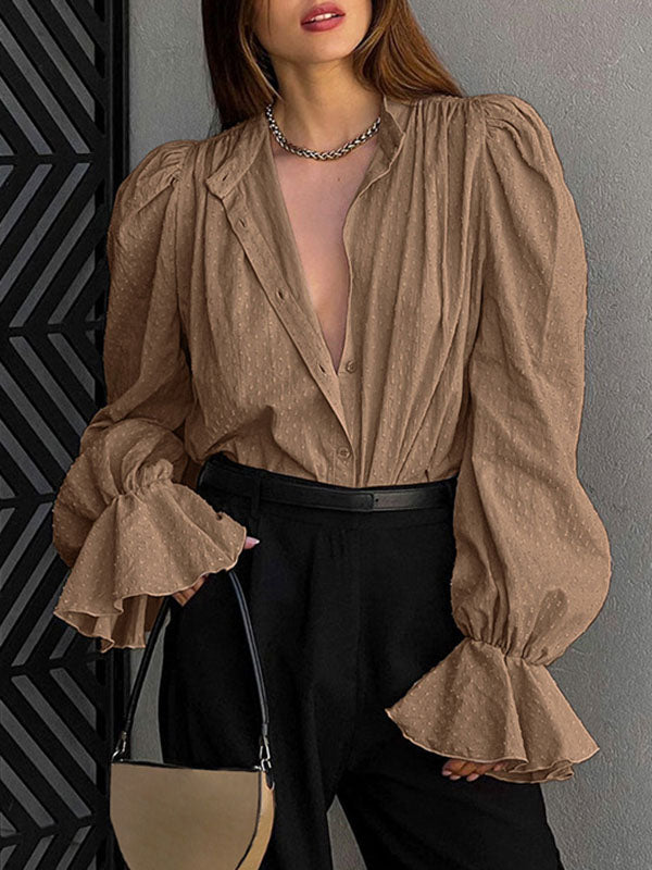 Jacquard Pleated Solid Color Split-Joint Flared Sleeves Loose Stand Collar Blouses