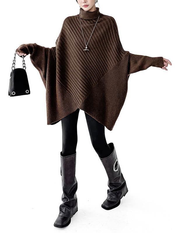 Asymmetric Ribbed Knit Solid Color Split-Joint Batwing Sleeves Irregularity High Neck Sweater Tops