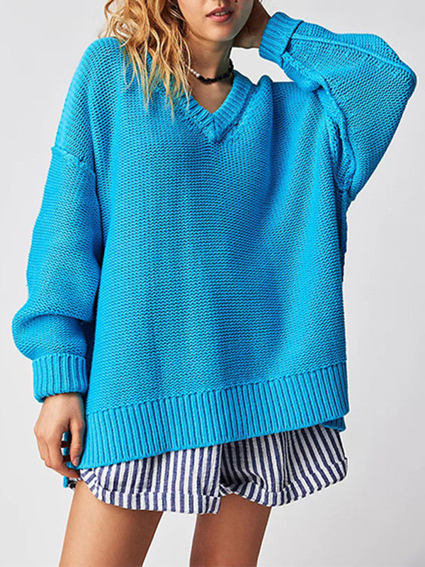 Solid Color Velvet Long Sleeves Loose V-Neck Sweater Tops Pullovers