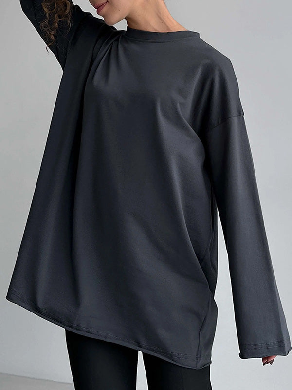 Solid Color Long Sleeves Loose Round-Neck T-Shirts Tops