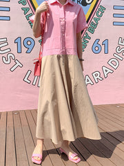 Split-Joint Lapel Buttoned Short Sleeves Midi Dress