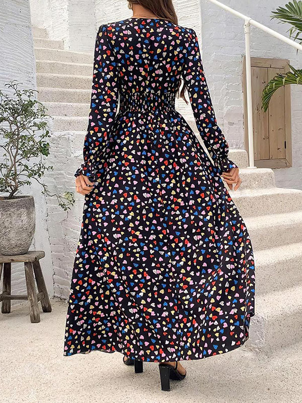 Elasticity Floral Printed Split-Joint Loose Puff Sleeves V-neck Maxi Dresses