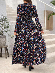 Elasticity Floral Printed Split-Joint Loose Puff Sleeves V-neck Maxi Dresses
