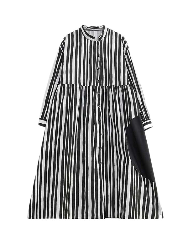 Buttoned Split-Joint Striped Long Sleeves Loose Mock Neck Midi Dresses