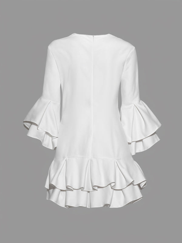 Double Layered Pleated Split-Joint Zipper A-Line Flared Sleeves Round-Neck Mini Dresses