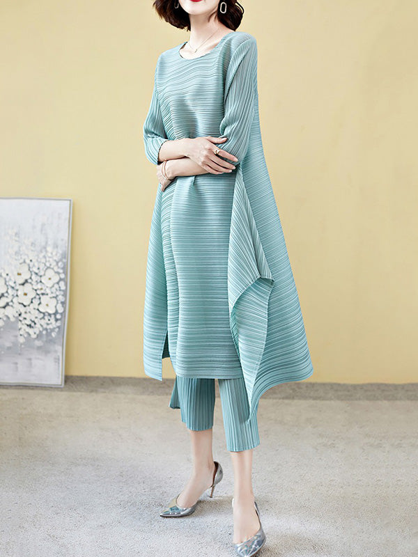 Casual Loose Three-Quarter Sleeves Pleated Solid Color T-Shirt&Pants Two Pieces Set