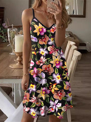 Flower Print Loose Sleeveless Spaghetti-Neck Mini Dresses