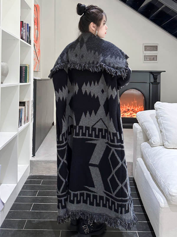 Contrast Color Geometric Split-Joint Tasseled Long Sleeves Loose Lapel Overcoat Outerwear