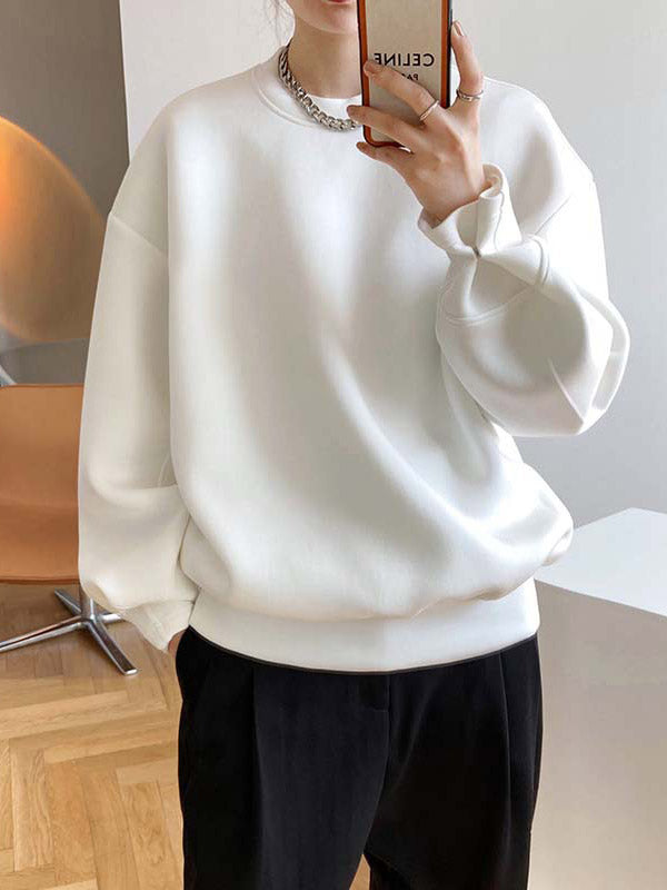 Solid Color Long Sleeves Loose Round-Neck Sweatshirt Tops