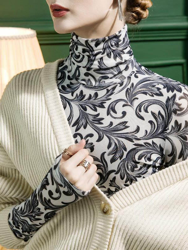 Contrast Color Split-Joint Long Sleeves Skinny High Neck T-Shirts Tops