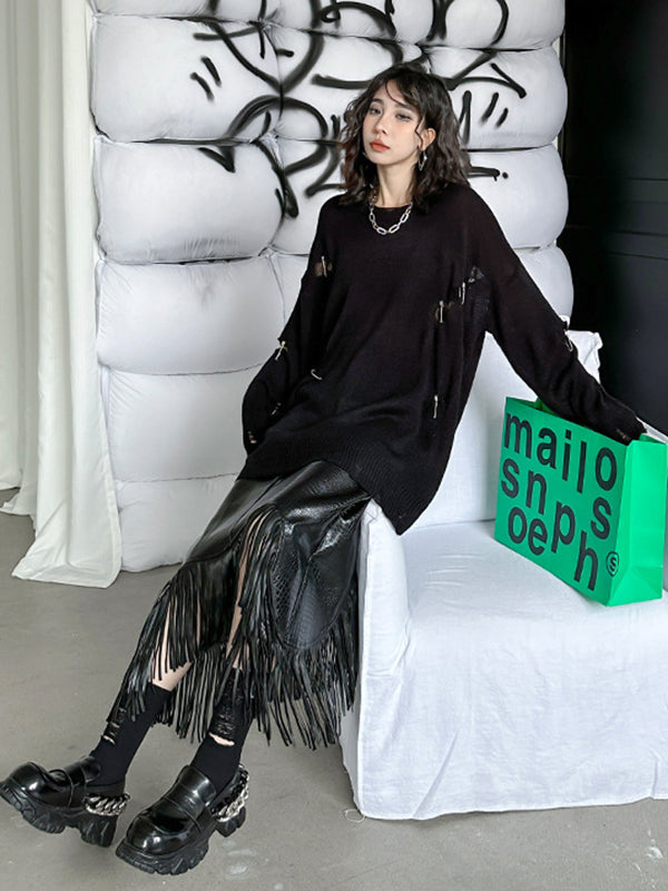 Asymmetric Buttoned Crocodile Texture Solid Color Tasseled A-Line Irregularity Skirts Bottoms