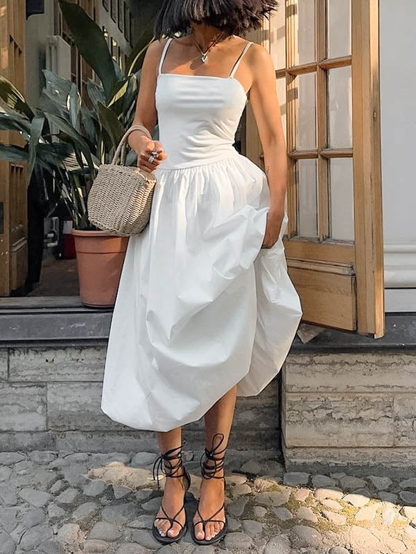 Pleated Solid Color Split-Joint Loose Sleeveless Spaghetti-Neck Midi Dresses