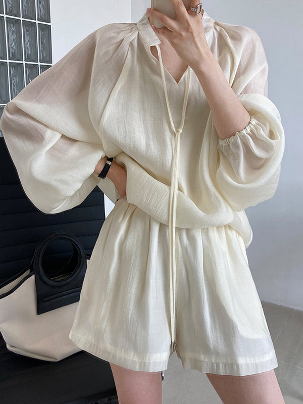 Casual Loose Solid Color Puff Sleeves Blouse&Wide Leg Shorts Two Pieces Set