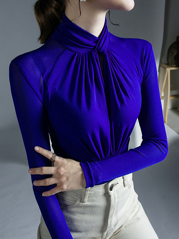 Hollow Pleated Solid Color Long Sleeves Plus Size Mock Neck T-Shirts Tops