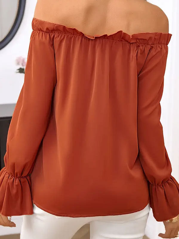 Drawstring Elasticity Pleated Solid Color Flared Sleeves Long Sleeves Off-the-shoulder Blouses&shirts Tops