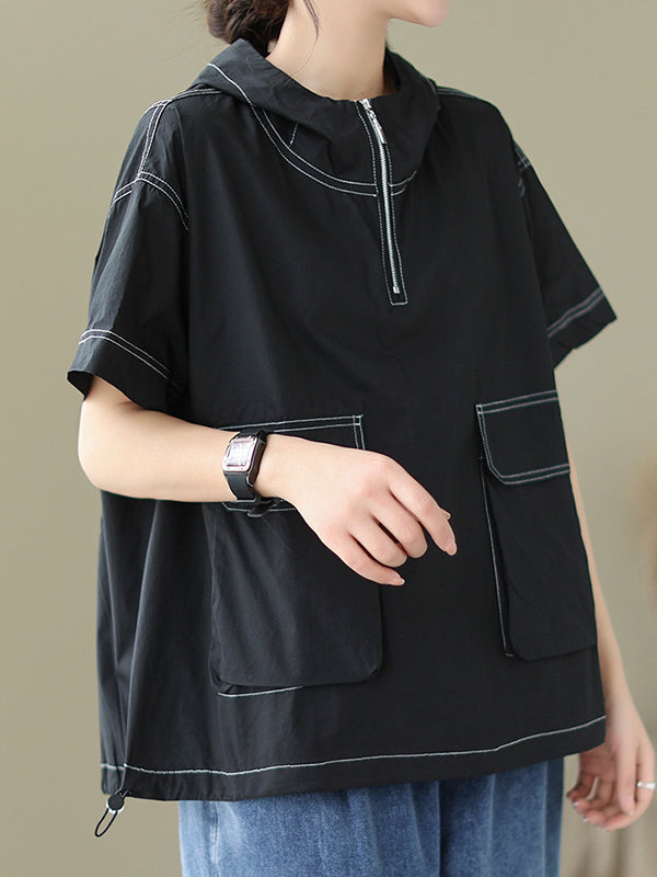 Zipper Loose Short Sleeves Hooded T-Shirts Tops