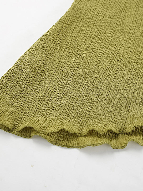 Solid Color Loose Pleated Halter-Neck Vest Top + High Waisted Pants Bottom Two Pieces Set