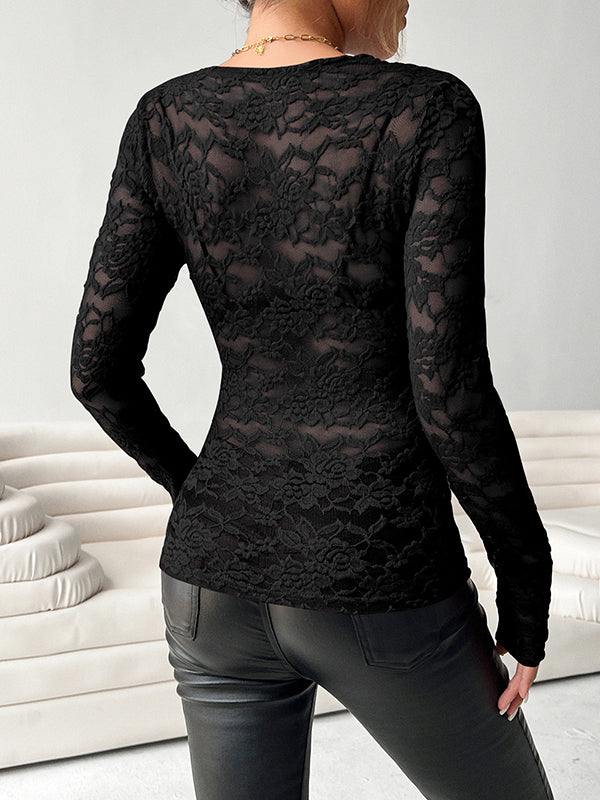 See-Through Solid Color Long Sleeves Skinny Deep V-Neck T-Shirts