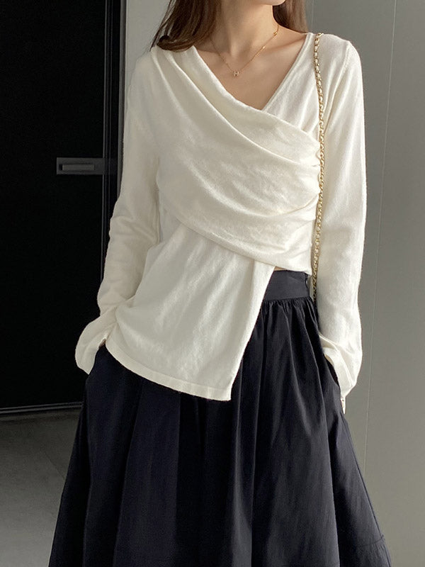 Asymmetric Solid Color Long Sleeves Loose V-Neck T-Shirts Tops