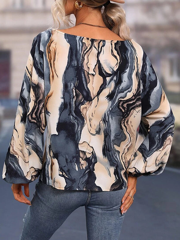 Asymmetric Printed Long Sleeves Loose One-Shoulder Blouses&Shirts Tops