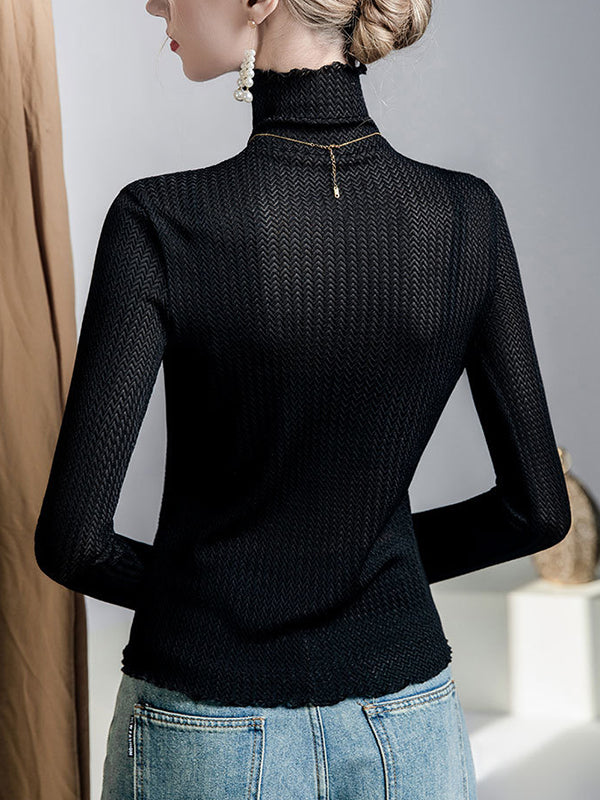 Mesh See-Through Slightly Sheer Split-Joint Long Sleeves Plus Size High Neck T-Shirts