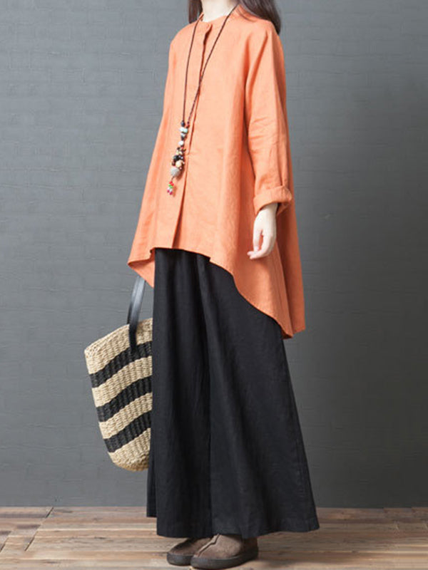 Linen Solid Color Round-Neck Puff Sleeve Blouse Tops