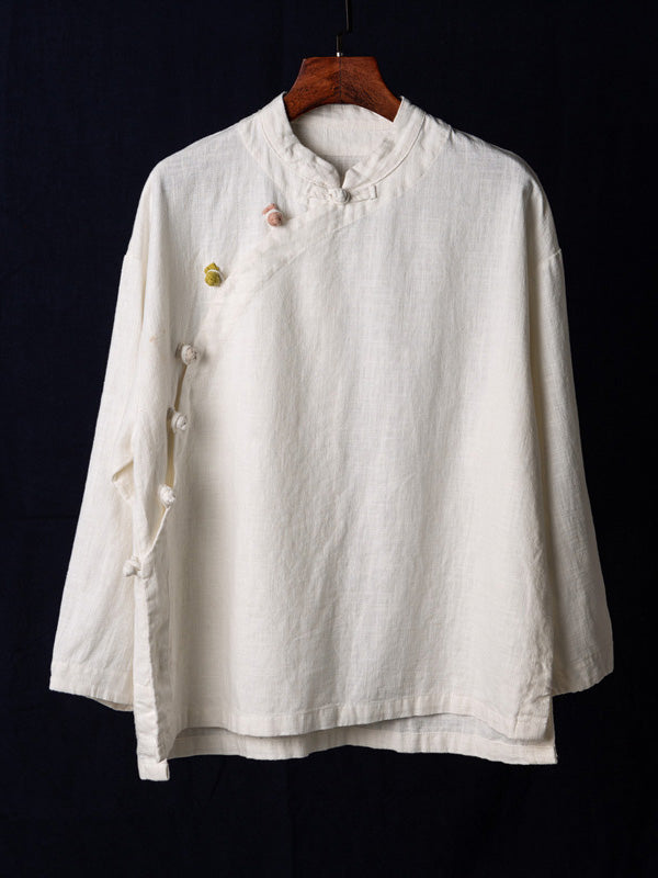 Vintage Ramie Cotton Stand Collar Loose Long Sleeve Shirt