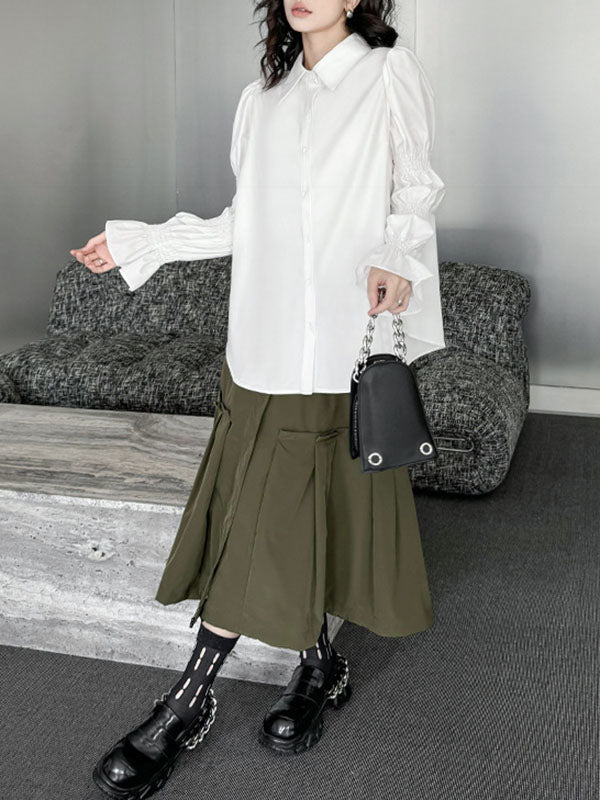Pleated Solid Color Split-Joint Puff Sleeves Lapel Blouses