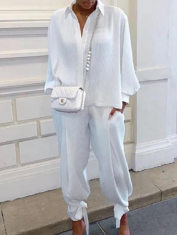 Casual Puff Sleeves Lace-Up Pleated Lapel Two Pieces Set