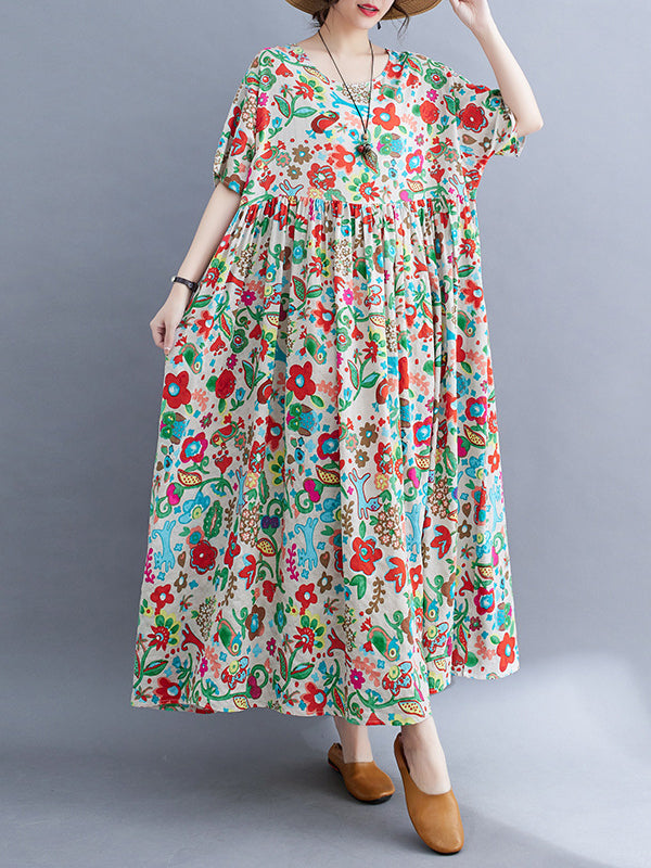 Pleated Printed Split-Joint Loose Short Sleeves Round-Neck Midi Dresses