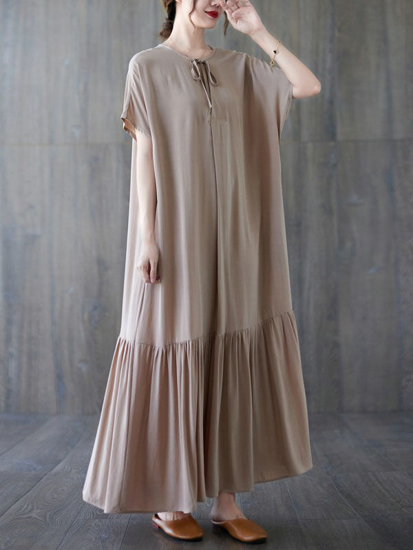 Lace-Up Pleated Solid Color Split-Joint Loose Short Sleeves Round-Neck Midi Dresses