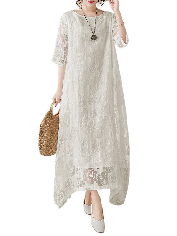 Gauze See-Through Solid Color Half Sleeves Loose Round-Neck Maxi Dresses
